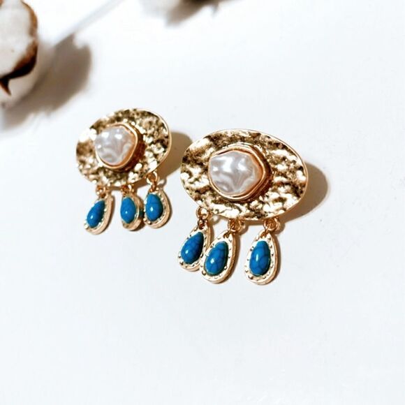 Stone drop pearl dangle earrings N302 - Picture 3 of 5